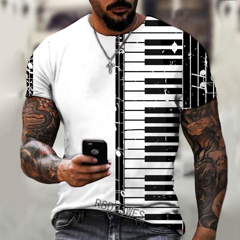 Men's T-Shirt Music Notes Piano Keys 3D Printed Lycra Polyester Shirt Men's Short Sleeve Fashion Oversized Summer Dress