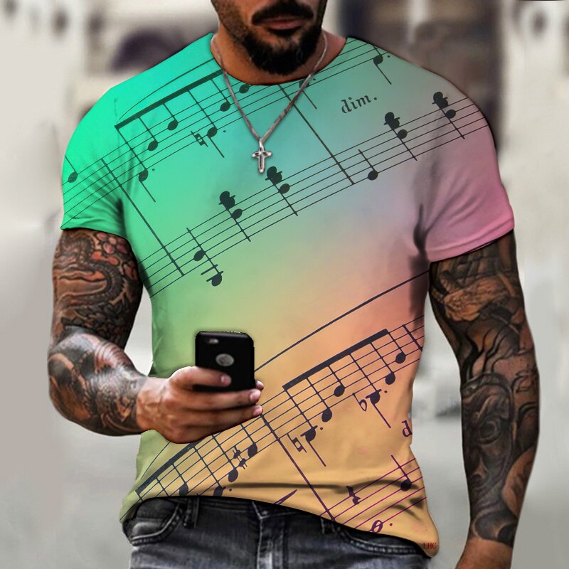 Men's T-Shirt Music Notes Piano Keys 3D Printed Lycra Polyester Shirt Men's Short Sleeve Fashion Oversized Summer Dress