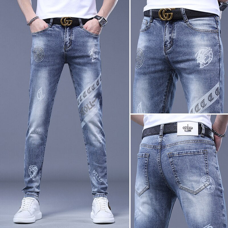 Summer High End Trendy Brand Printed Jeans Men Thin Slim Fit Skinny Trousers With Red Ears And Stretch Hand Embroidered Diamonds