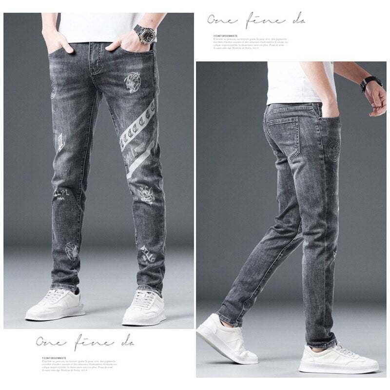 Summer High End Trendy Brand Printed Jeans Men Thin Slim Fit Skinny Trousers With Red Ears And Stretch Hand Embroidered Diamonds