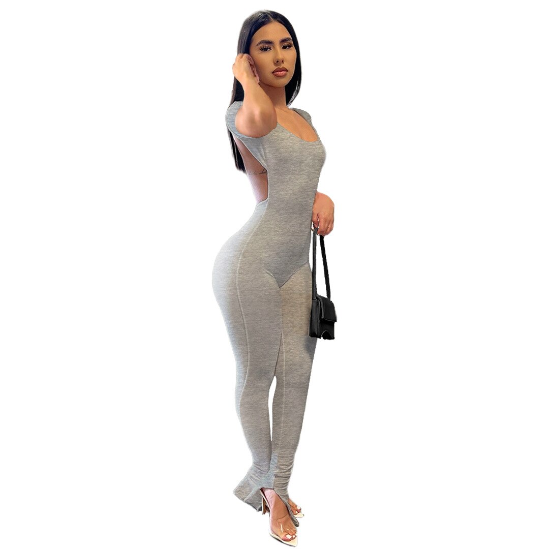 2022 Summer Fashion Jump Suits for Women Solid Color Backless Slit Small Micro Horn Slim  Sexy Jumpsuit Clubwear