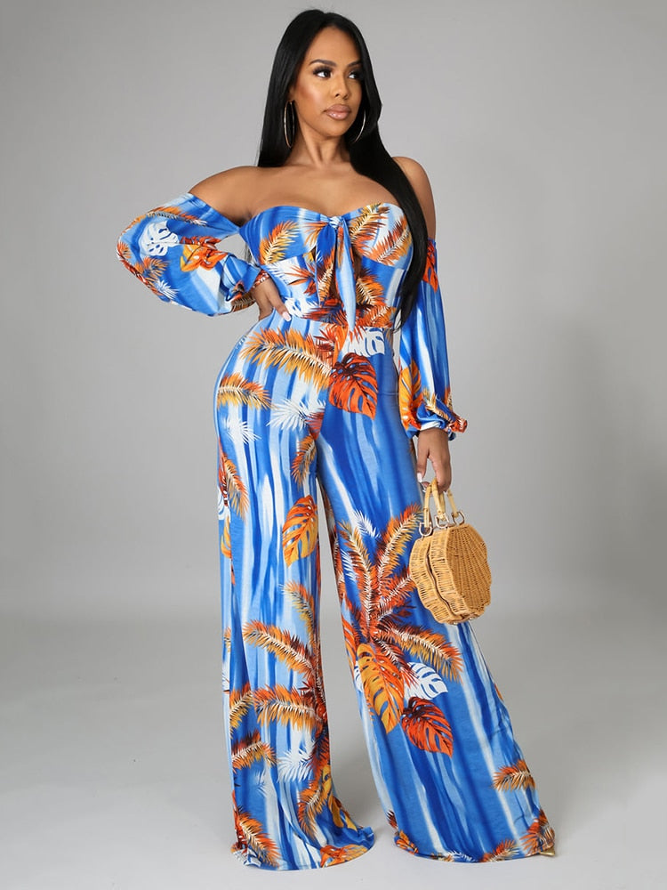 Jump Suits for Women  Tropical Print Off The Shoulder Lace Up Decorative Jumpsuit One Fashion Casual Pieces for Women Female