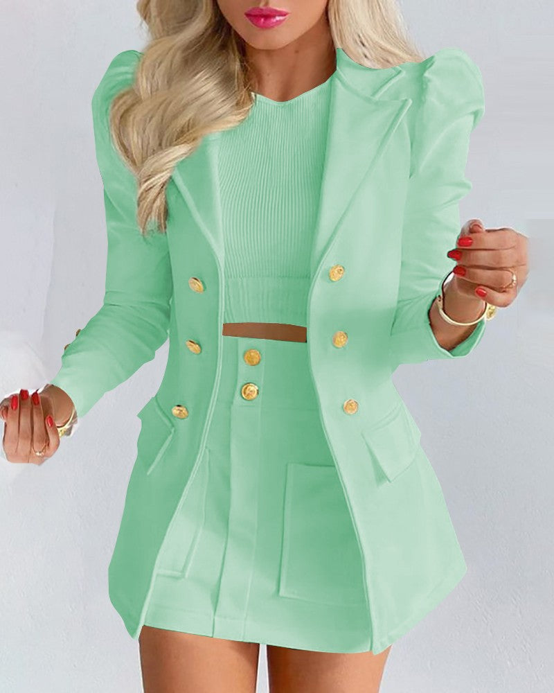 Spring Long Sleeve Solid Color Jacket with Mini Skirt Two-piece Suit Tailleur Femme Blazer and  Set Dress