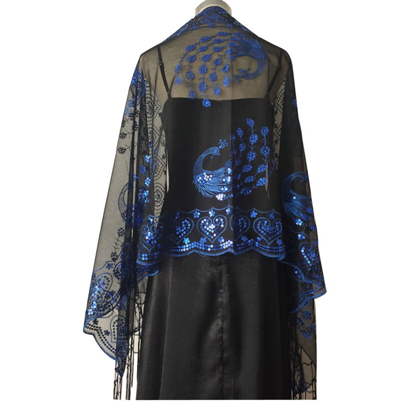 Spring Autumn Sequin Shawl Peacock Embroidery Tassel Shawl Party Evening Dress Shawl Cloak Ponchos Capes Black