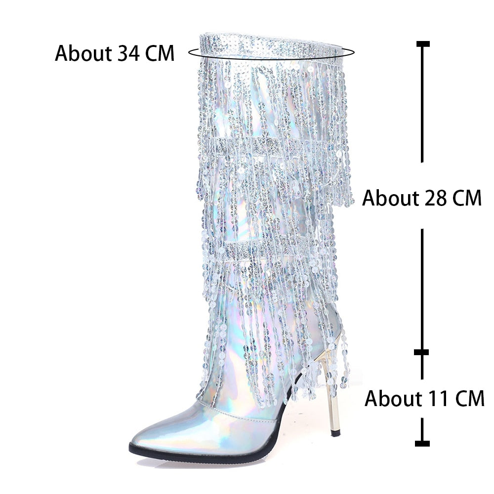 RIBETRINI Fashion Pointed Toe Fringe Sequined Mid Calf Boots For Women Zip Metallic Glitter Sexy Elegant Dress Long Shoes