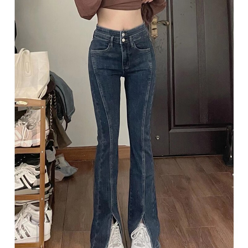 2023 Summer Dark Blue Women' Jeans High Waist Vintage Flare Loose Denim Pants Street Dress American Fashion Wide Leg Denim Pants