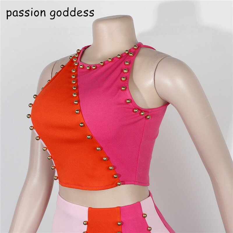 Summer Two Piece Dress Set for Women Sexy Rivet Sleeveless Tank Top and Bodycon Ruffles Edge Mini Skirts Outfits Streetwear Suit