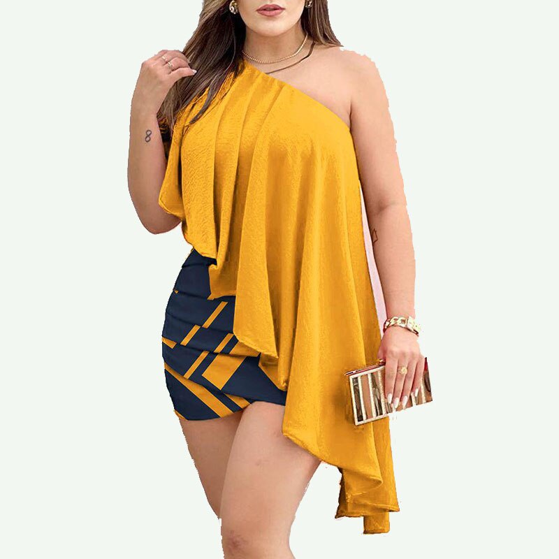 Skew Collar Pencil Dress For Women Summer Elegant One Off Shoulder Party Dresses 2023 New Ladies Sexy Ruffles Print Mini Dress