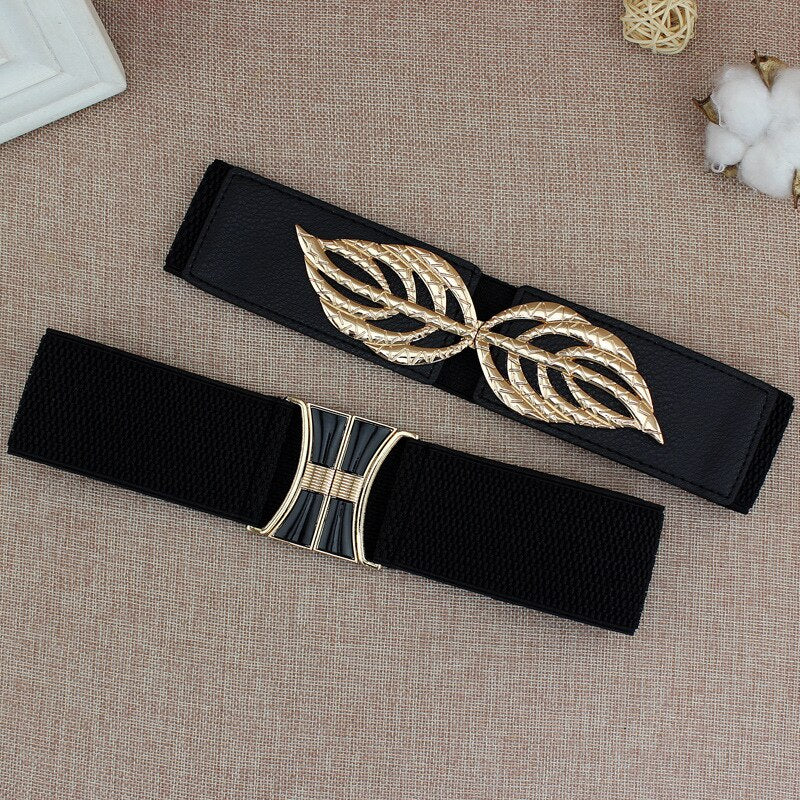 Women'S Elastic Wide Belt Golden Leaves Waist Belt Buckle Female Dress Coat Sweater Decorative Waistbands Fashion Cummerbands