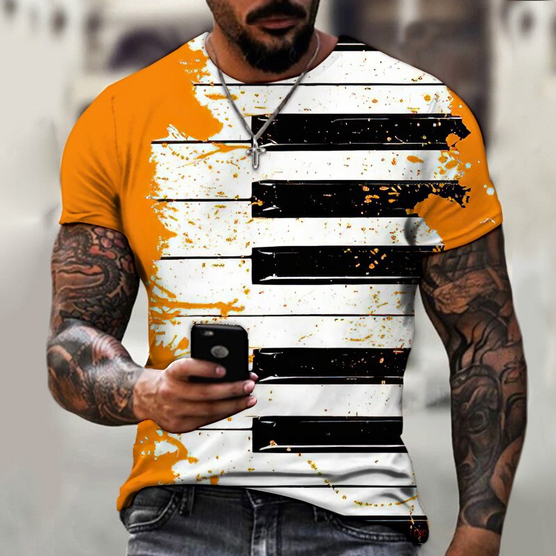 Men's T-Shirt Music Notes Piano Keys 3D Printed Lycra Polyester Shirt Men's Short Sleeve Fashion Oversized Summer Dress