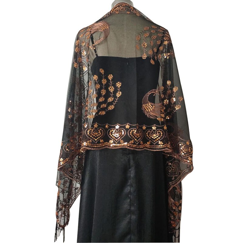 Spring Autumn Sequin Shawl Peacock Embroidery Tassel Shawl Party Evening Dress Shawl Cloak Ponchos Capes Black