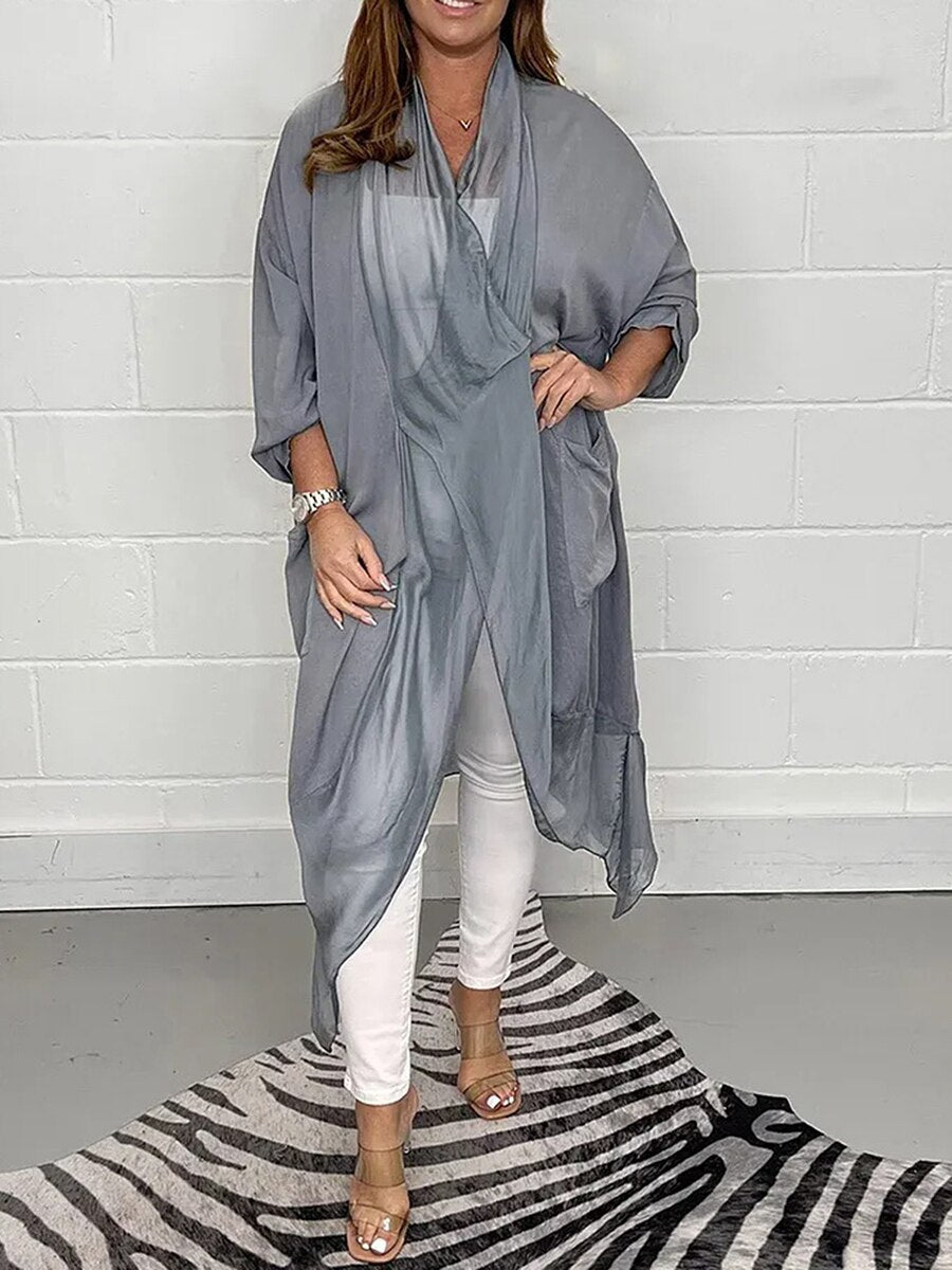 Women s Sheer Chiffon Long Kimono Cardigan Women s Loose Tunic Tops Casual Batwing Sleeve V Neck Solid Color Mesh Dress Sheer