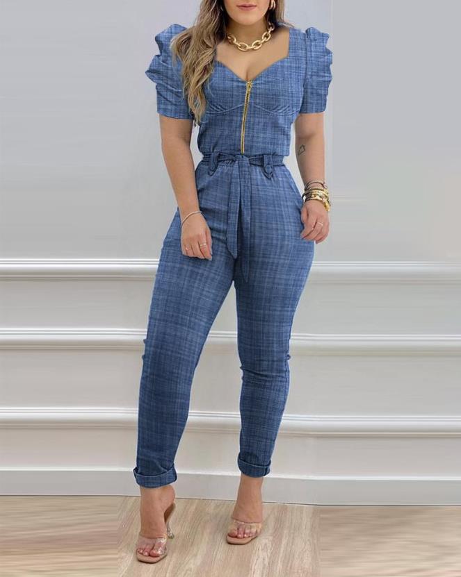 Women's Fashion Jumpsuit Summer 2023 Sexy Puff Sleeve Zipper Front Belt Women's Long Jumpsuit with Belt Women's Dress