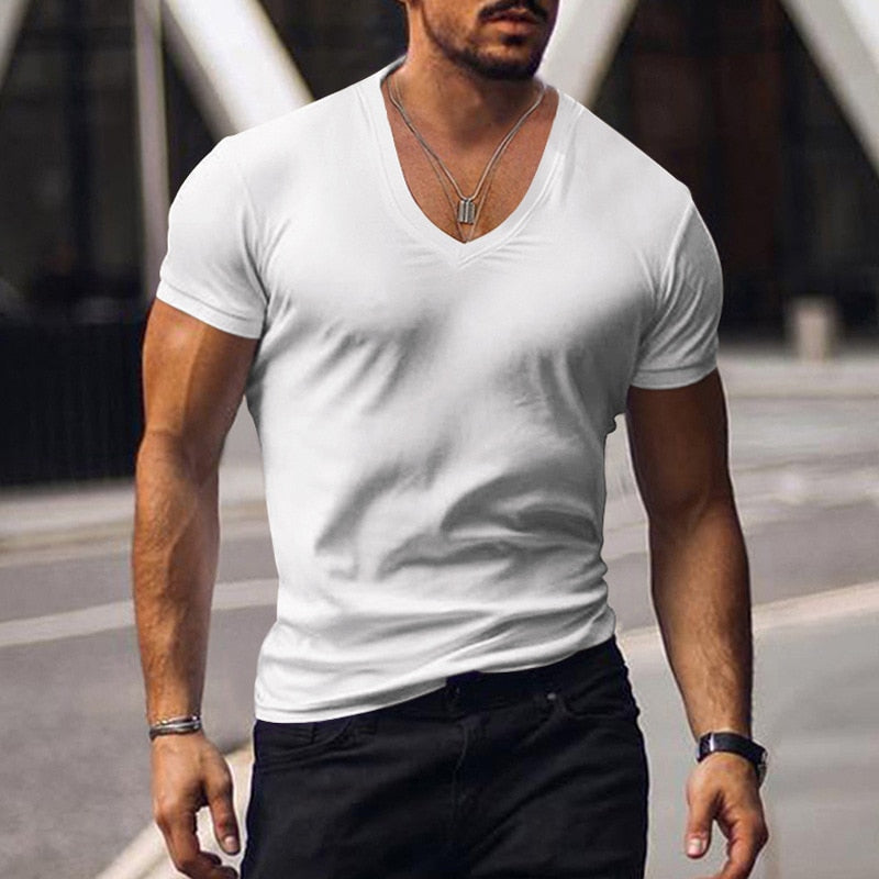 Casual Short Sleeve V Neck Slim Tee Mens Summer Leisure Pure Color Simple Basic T Shirt Men Clothes Fashion Skinny Tops Pullover