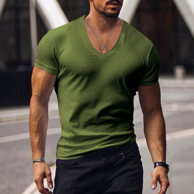 Casual Short Sleeve V Neck Slim Tee Mens Summer Leisure Pure Color Simple Basic T Shirt Men Clothes Fashion Skinny Tops Pullover