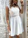 Women White Mini Dress Elegant Lace Dress Female V Neck Sleeveless Short Dress Ladies Hollow Out High Waist Dress Summer