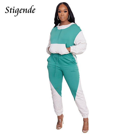 Stigende Women Fashion Spliced Colour Tracksuit Hooded Sweatshirt and Sweatpants Set Ladies Fitness Two Piece Set Active Wear