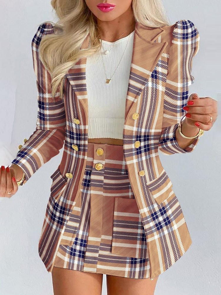 Spring Long Sleeve Solid Color Jacket with Mini Skirt Two-piece Suit Tailleur Femme Blazer and  Set Dress