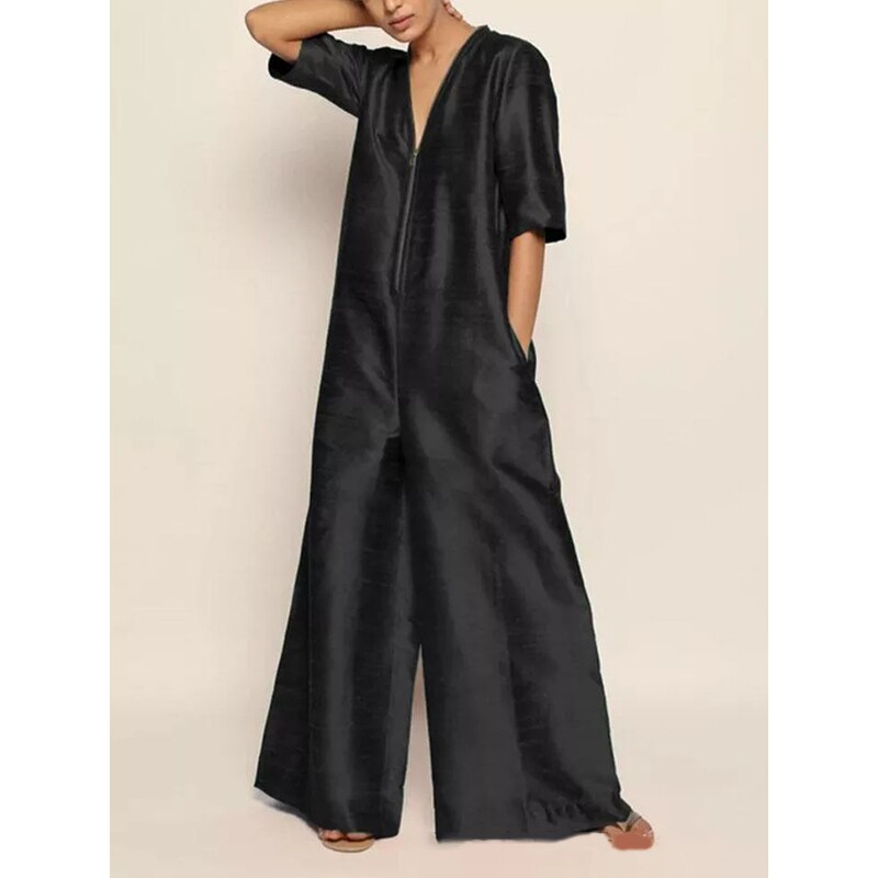 Uoozee 2023 Summer New Fashion Solid Color Loose Jumpsuit Half Sleeves V-Neck Wide Leg Pants Casual Jump Suits For Women