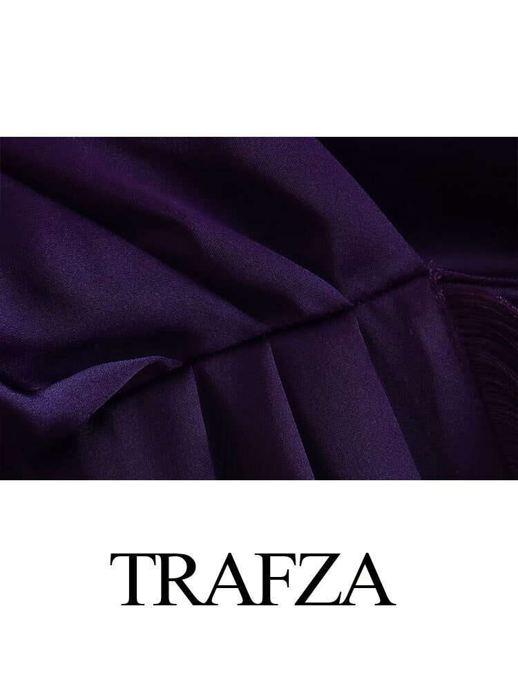 TRAFZA 2023 Women New Fashion At Home Clothing Purple V-Neck Tassel Ornament Long Sleeve Zipper Female Chic Coat Dresses