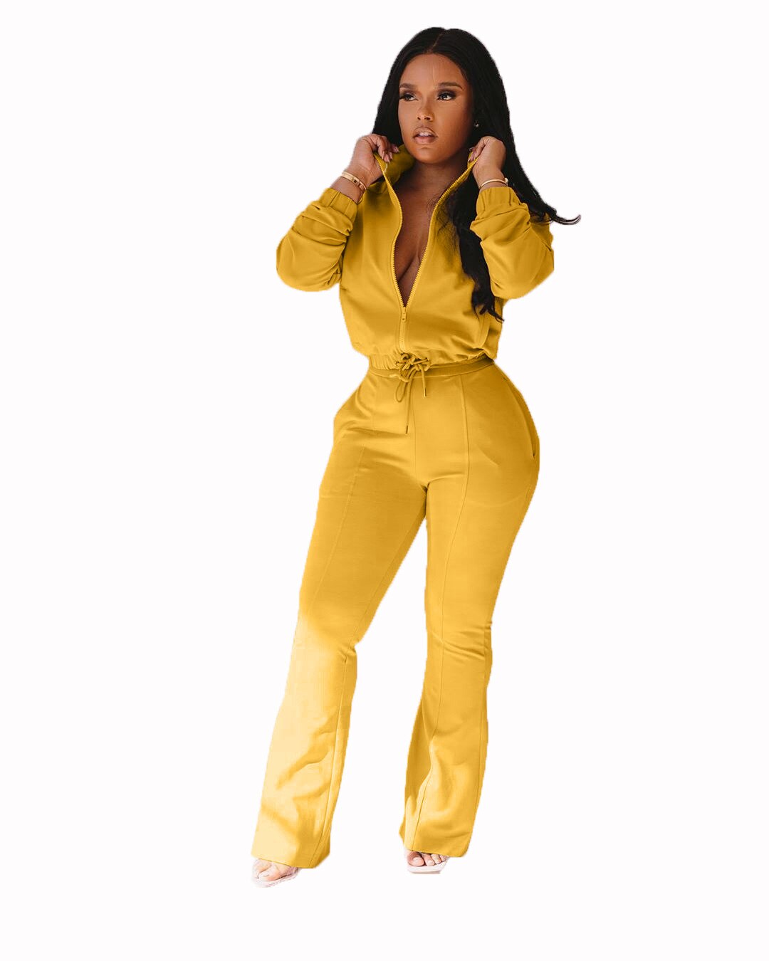 GLCMYAYA 2023 Fashion Women's Set Zipper Up Jacket and Flare Pants Suit Active Wear INS Tracksuit Two 2 Piece Set Fitness Outfit