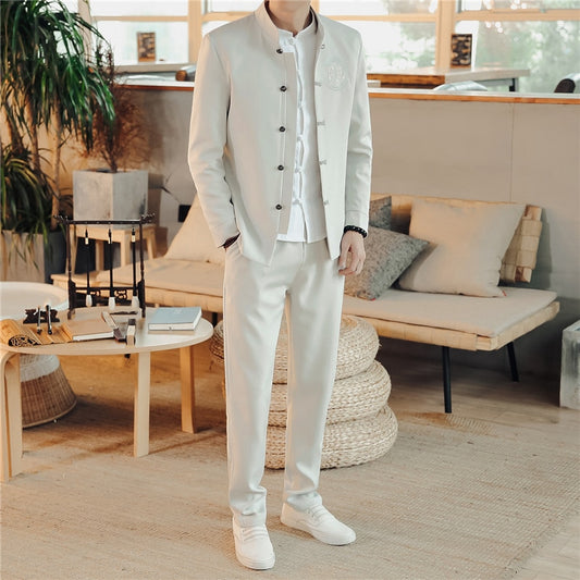 New Men's Business Casual Suit 2 Piece Chinese Vintage Style Men Wedding Embroidery Dress Clothing Blazers and Drawstring Pants