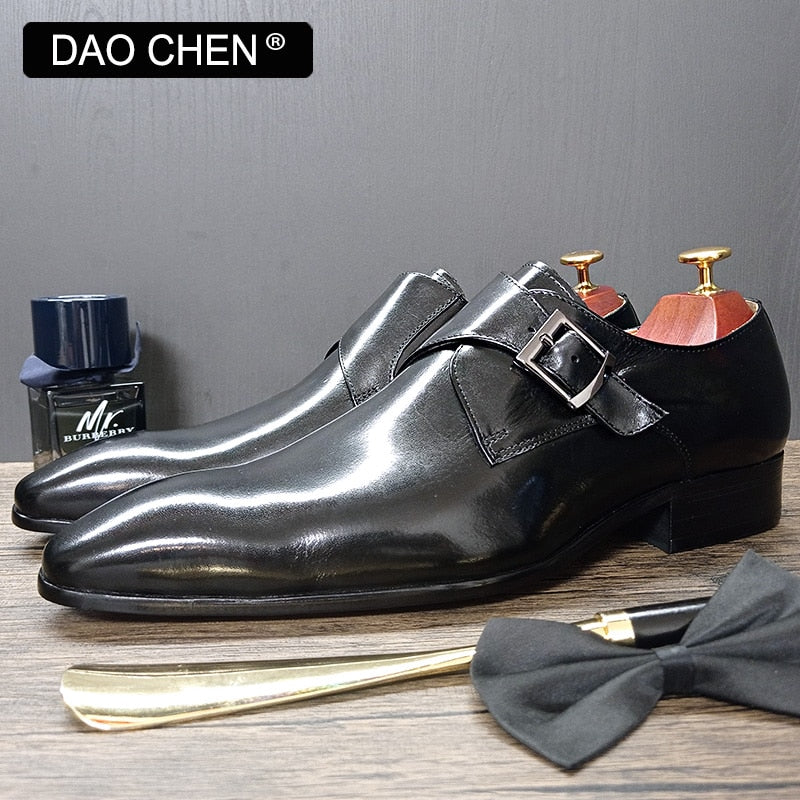 DAOCHEN MEN LEATHER SHOES BLACK BLUE MONK STRAP LOAFERS SLIP ON LUXURY BRAND CASUAL MENS DRESS SHOES WEDDING OFFICE MEN'S SHOES