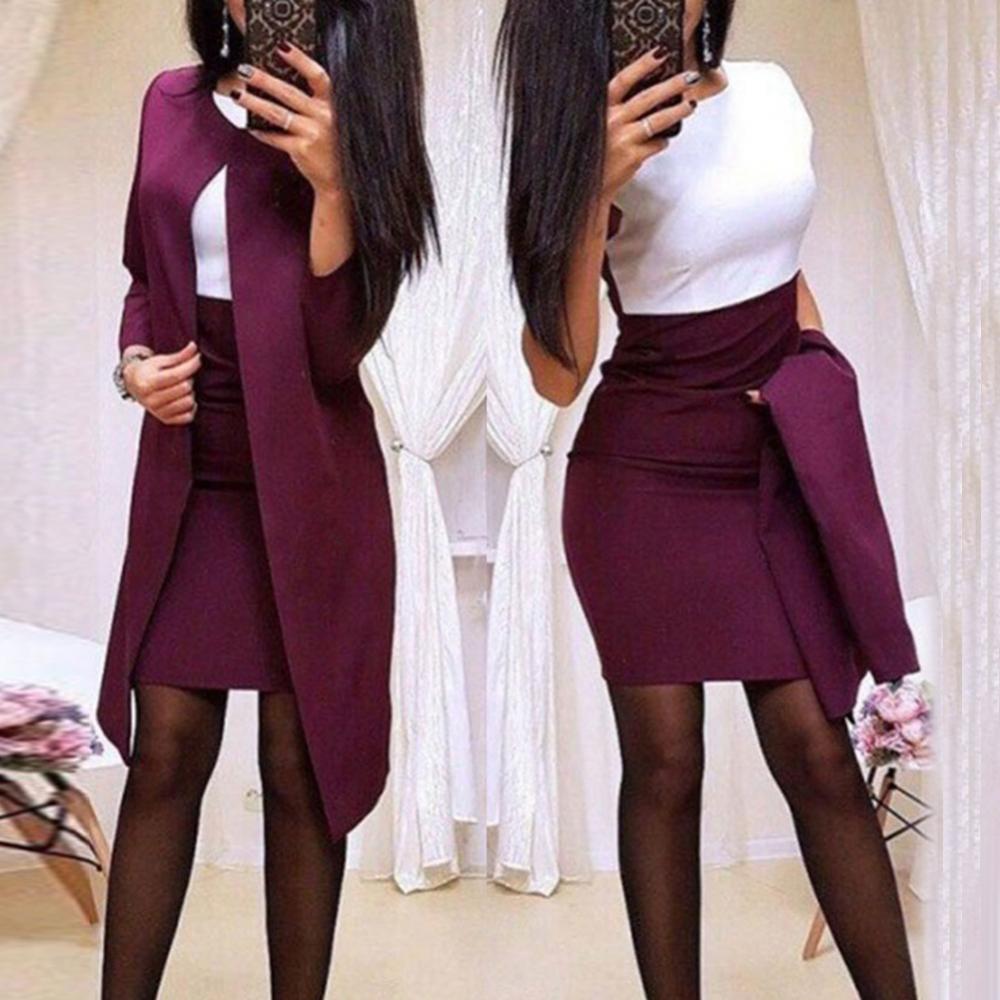 Lady Suit Skirt Bodycon Solid Color Slim 2Pcs Office Autumn Long Blazer Jacket Mini Work Coat Office Solid Blazers Set