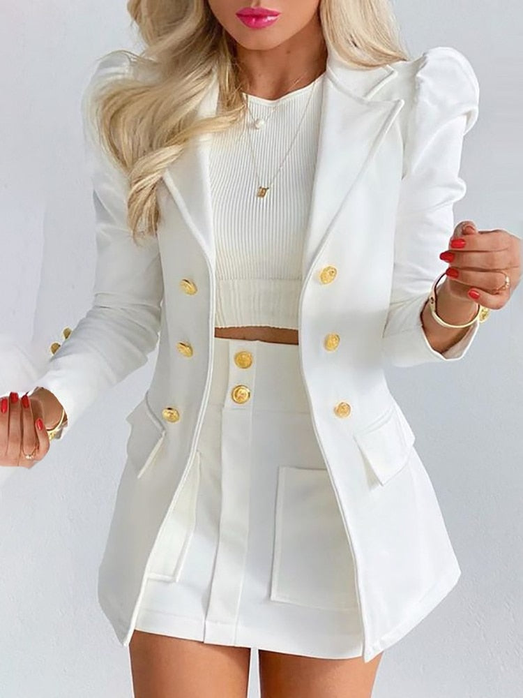 Spring Long Sleeve Solid Color Jacket with Mini Skirt Two-piece Suit Tailleur Femme Blazer and  Set Dress