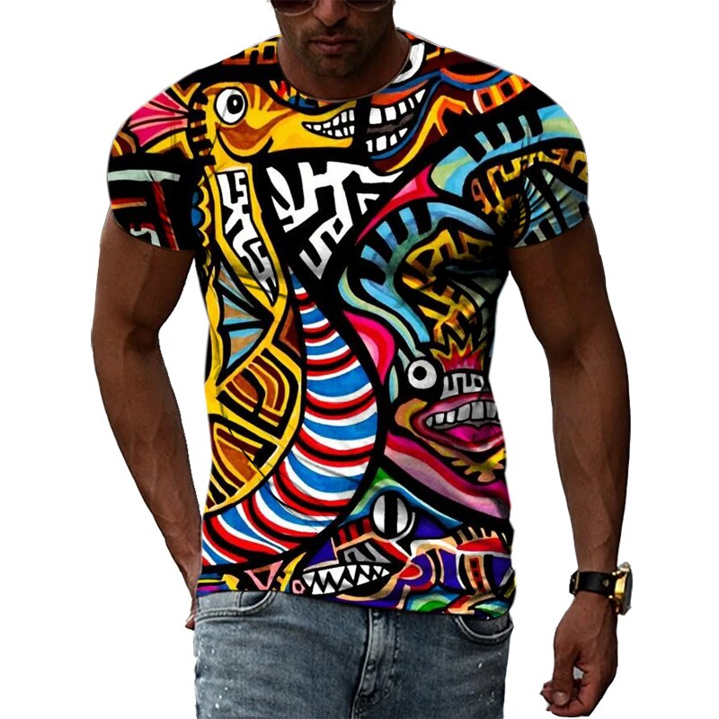 Colorful Cool Abstract Art graphic t shirts Hip Hop Street Style 3D Printed Tees Summer Men Personality Round Neck Short Sleeves