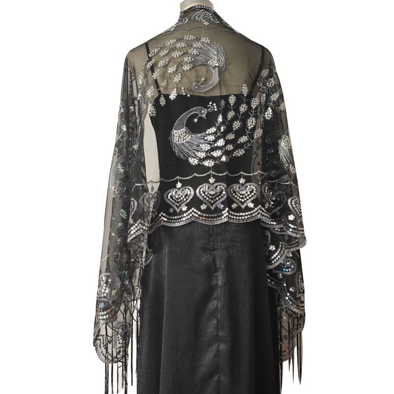 Spring Autumn Sequin Shawl Peacock Embroidery Tassel Shawl Party Evening Dress Shawl Cloak Ponchos Capes White