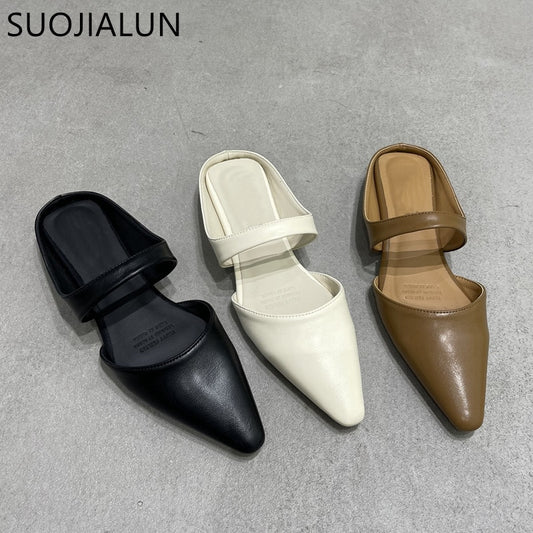 SUOJIALUN 2023 Spring New Women Slipper Fashion Pointed Toe Shallow Slip On Ladies Mules Shoes Soft Ladies Casual Sandal Shoes