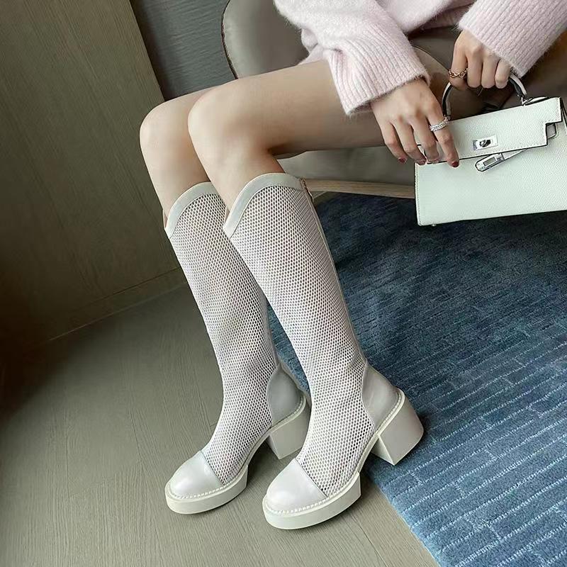 2022 Women Knee High Boots Patent Leather Mesh Hollow Zipper Mid Chunky Heel Soild Pointed Toe Autumn Lady Shoes Bota Feminina