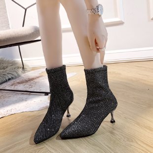 Retro Stretch Socks Boots Women Autumn/Winter New Fashion Pointed Toe Zipper Single Boots Stitching High Heels Women Shoes