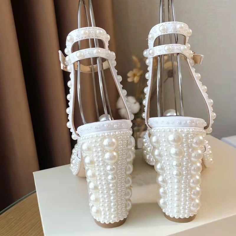 Big Pearl Gladiator Sandals Woman Open Toe Rhinestone Diamond High Heels Pumps Woman Pure Wedding Shoes