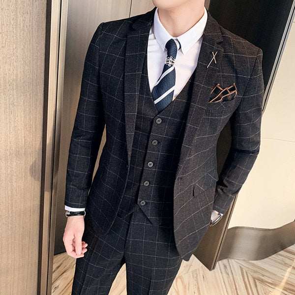 Large Size 7XL ( Blazer + Vest + Pants ) Groom Wedding Dress Dark Plaid Classic Retro Men's Formal Business Suit Three-Piece Set