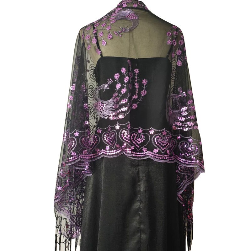 Spring Autumn Sequin Shawl Peacock Embroidery Tassel Shawl Party Evening Dress Shawl Cloak Ponchos Capes Black