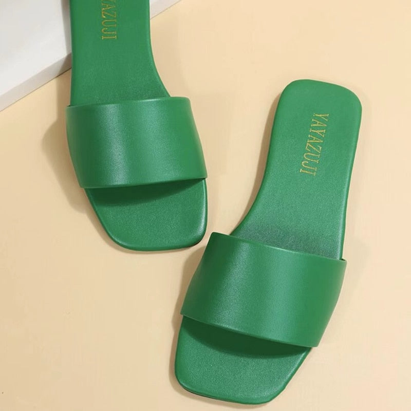 Fashion Minimalist Single Band Slide Sandals Solid Color Women Slippers 2023 Summer New Outdoor Sandy Beach Open Toe Flat Shoes