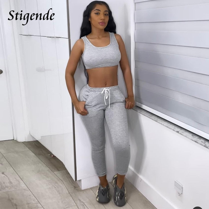 Stigende Women Gray Two Piece Tracksuit Casual Bodycon Active Wear Crop Tank Top and Pocket Drawstring Sweatpants Workout Outfit