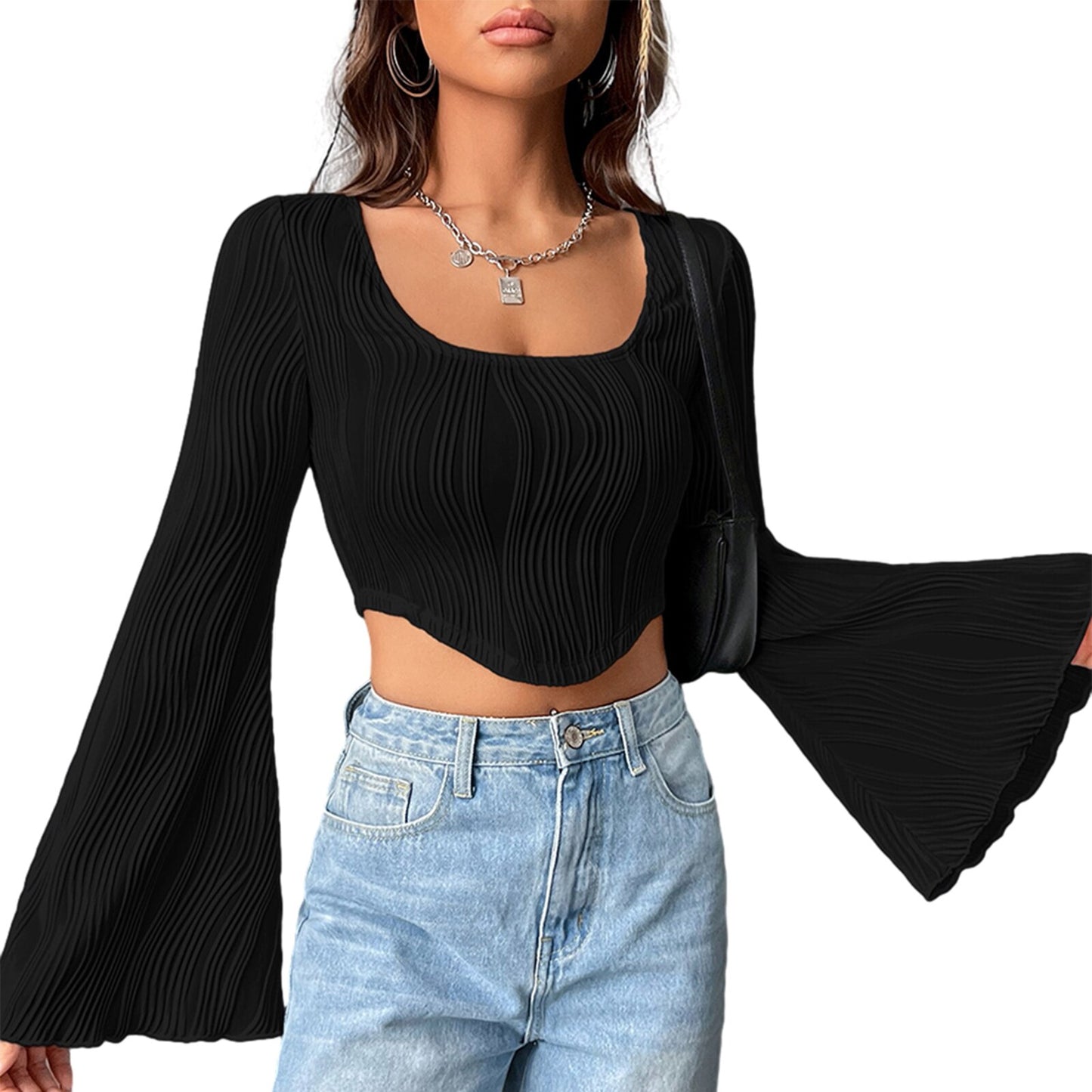 Women s Textured Crop Tops Long Sleeve Scoop Neck Hanky Hem Solid Color Slim Fit T-Shirt Streetwear (Rose Red L)