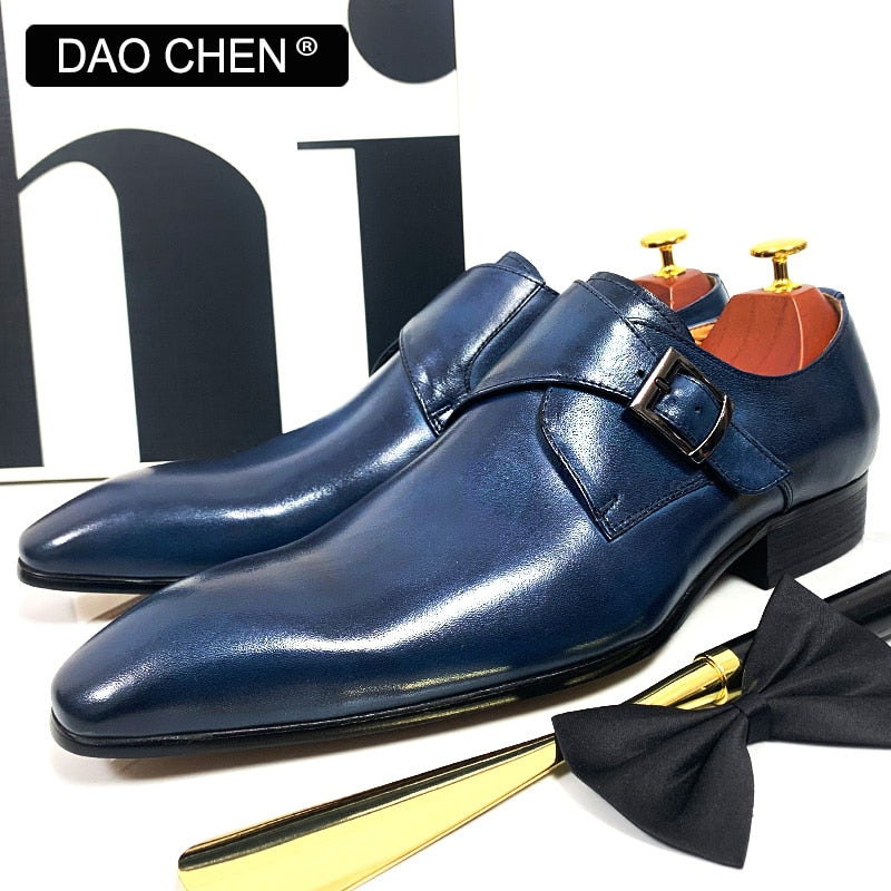 DAOCHEN MEN LEATHER SHOES BLACK BLUE MONK STRAP LOAFERS SLIP ON LUXURY BRAND CASUAL MENS DRESS SHOES WEDDING OFFICE MEN'S SHOES