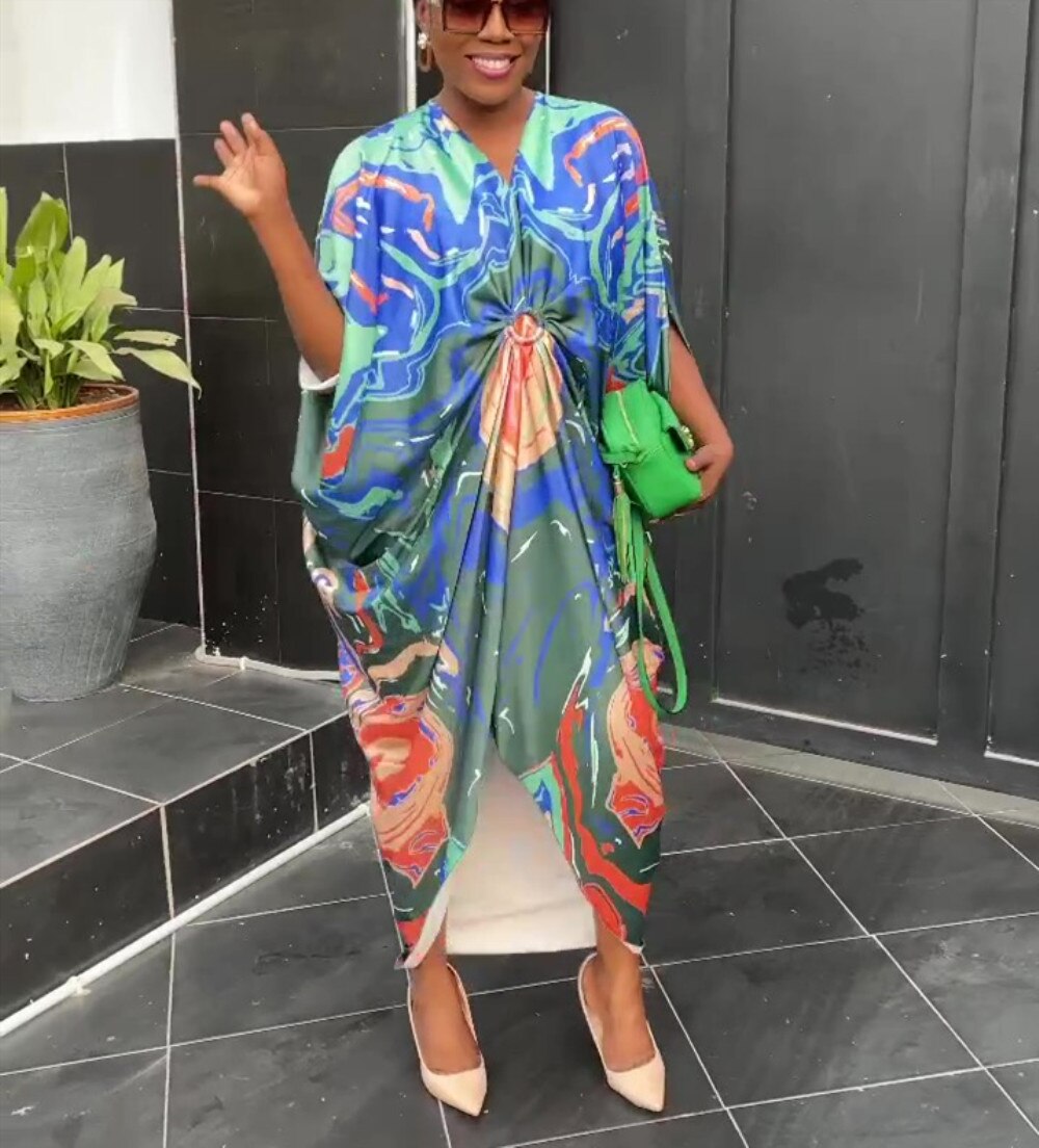 Summer African Printed Maxi Dress Women Causal V Neck Flare Ruffle Sleeve Loose Fit Ruched Front Slit Party Club Long Dress