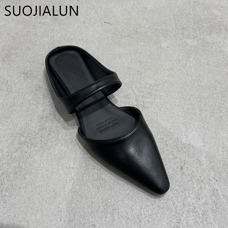 SUOJIALUN 2023 Spring New Women Slipper Fashion Pointed Toe Shallow Slip On Ladies Mules Shoes Soft Ladies Casual Sandal Shoes