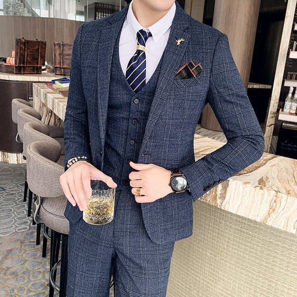 Large Size 7XL ( Blazer + Vest + Pants ) Groom Wedding Dress Dark Plaid Classic Retro Men's Formal Business Suit Three-Piece Set