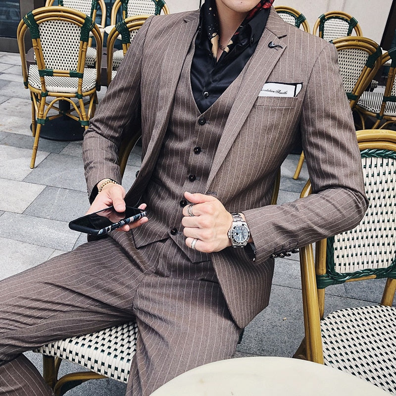 Large Size 7XL ( Blazer + Vest + Pants ) Groom Wedding Dress Dark Plaid Classic Retro Men's Formal Business Suit Three-Piece Set