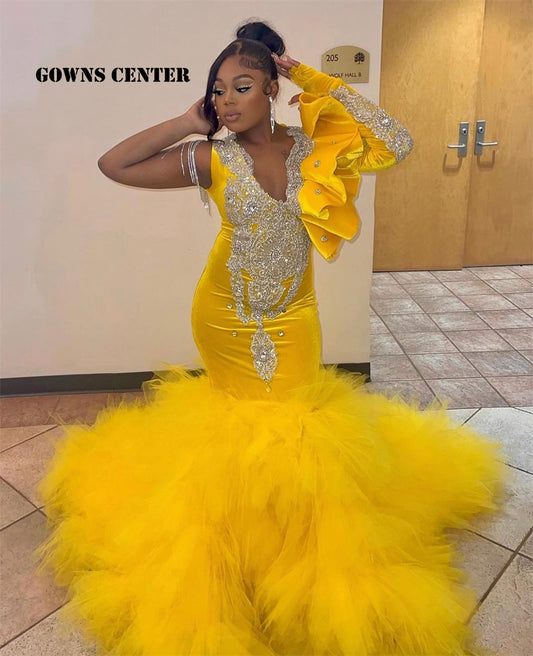 Yellow Velvet Long Sleeve Prom Dresses For Black Girls Ruffel One Shoulder Mermiad Wedding Party Gowns With Tassels Tulle Train