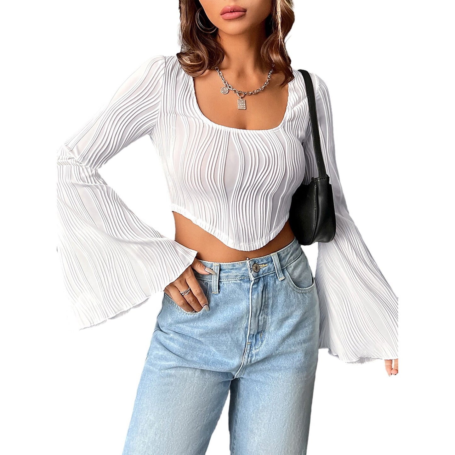 Women s Textured Crop Tops Long Sleeve Scoop Neck Hanky Hem Solid Color Slim Fit T-Shirt Streetwear (Rose Red L)