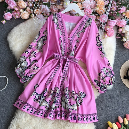 Spring Vintage Printed V-neck Long Sleeved Short Dress Retro Floral Single Breasted Waist Ribbon A-line Midi Dress