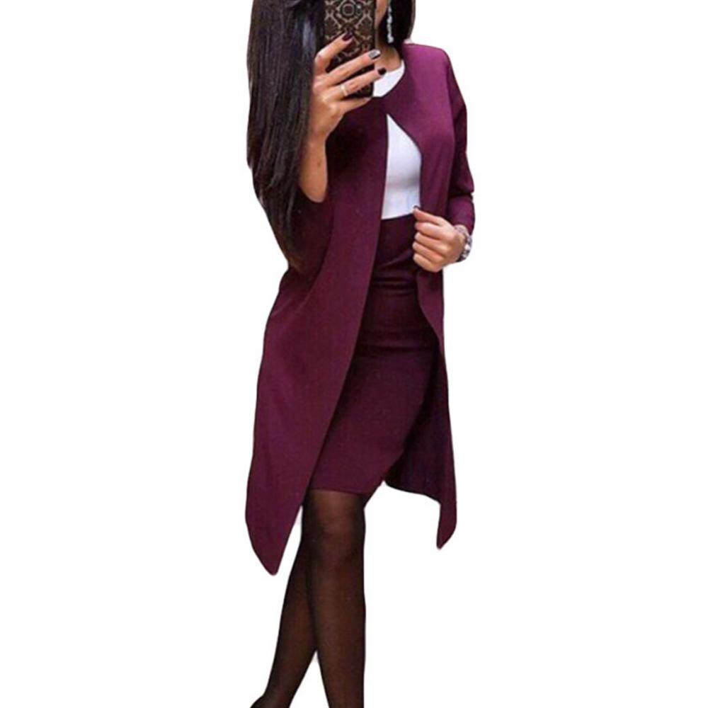 Lady Suit Skirt Bodycon Solid Color Slim 2Pcs Office Autumn Long Blazer Jacket Mini Work Coat Office Solid Blazers Set