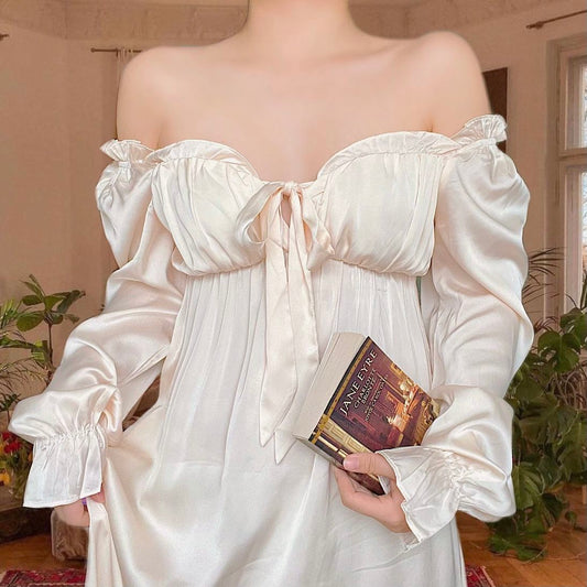 Women's Elegant Nightgown French Style Ladies Summer Long Sleeve Night Dress Bow Sexy Homewear Nightdress For Female S-2XL